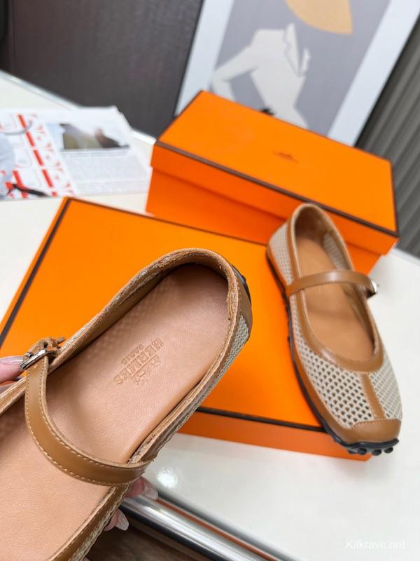 2025 Women Hermès Beige Mesh Leather Mary Jane LY00230
