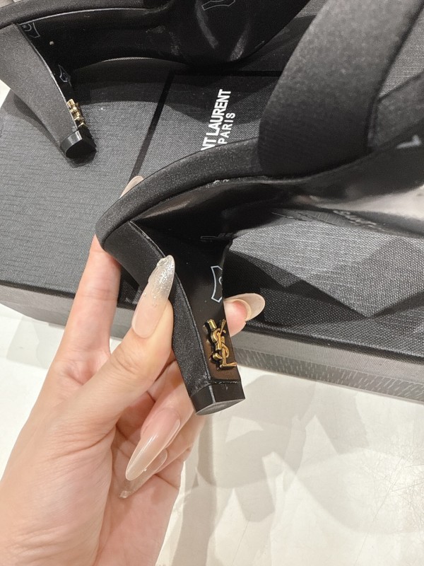 2025 Women Yves Saint Laurent Black Leather High Heel Slide Sandals With Gold Medallion Detail - LY00360(F)