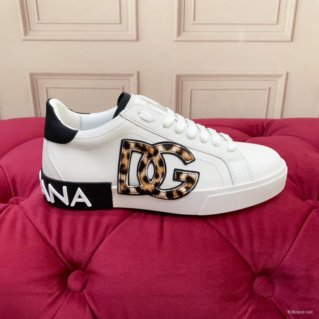 2025 Women Dolce & Gabbana White Leopard Print Leather Sneakers LY00300
