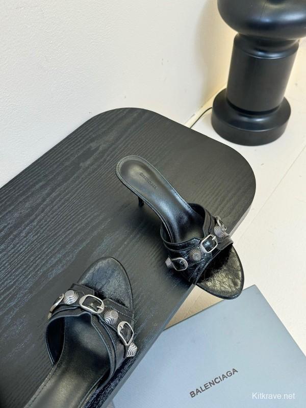 2025 Women Balenciaga Black Leather High Heel Metal Decoration KFY00290