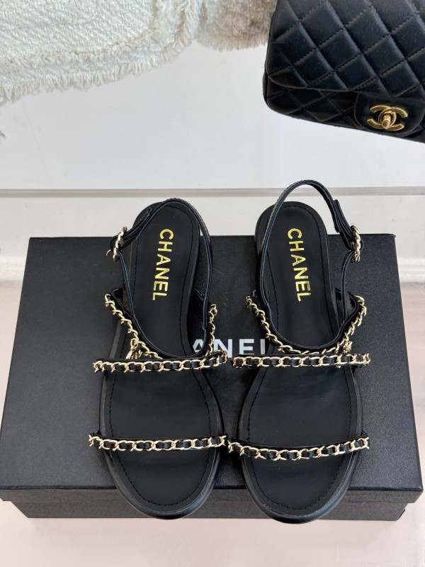 2025 Women Chanel Black Leather Slingback Sandals Chain KFY00270