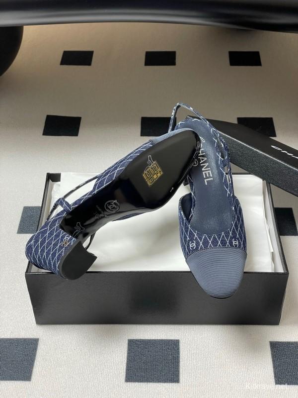 2025 Women Chanel Blue Denim Leather Sling-back Heels