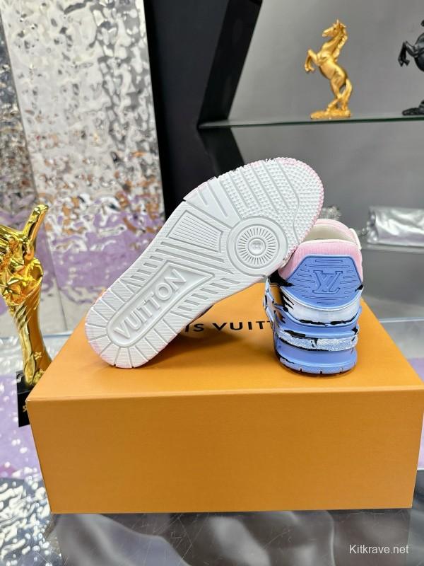 2024 Unisex Louis Vuitton Pink Blue Black Leather Denim Plimsolls Hand-Painted MJ00780