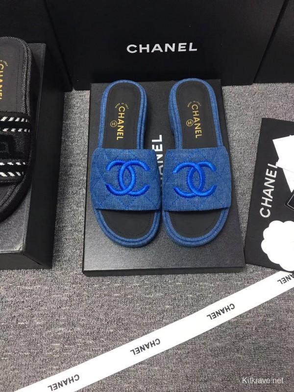 2025 Women Chanel Blue Fabric Slippers LY00000