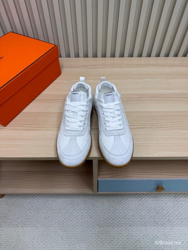 2025 Unisex Hermès White Suede Down Fabric Sneakers KFY00300