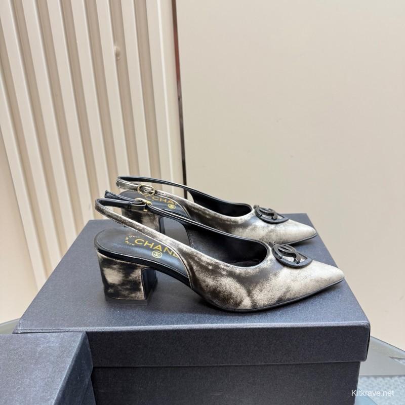 2025 Women Chanel Black Leather Slingback Pumps