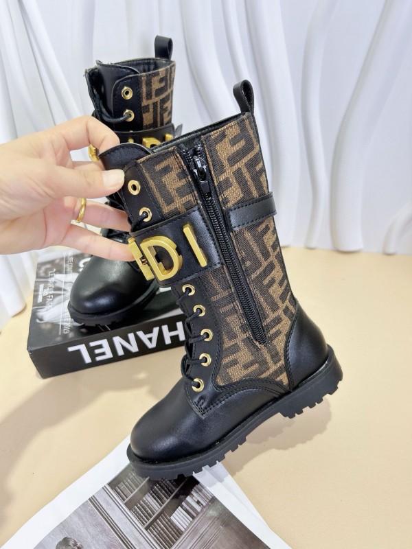 2024 Kids Fendi Black Brown Leather Fabric Boots