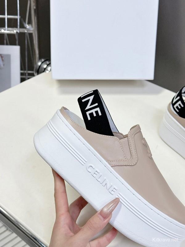 2025 Women Celine Beige Leather Slip-On Sneakers