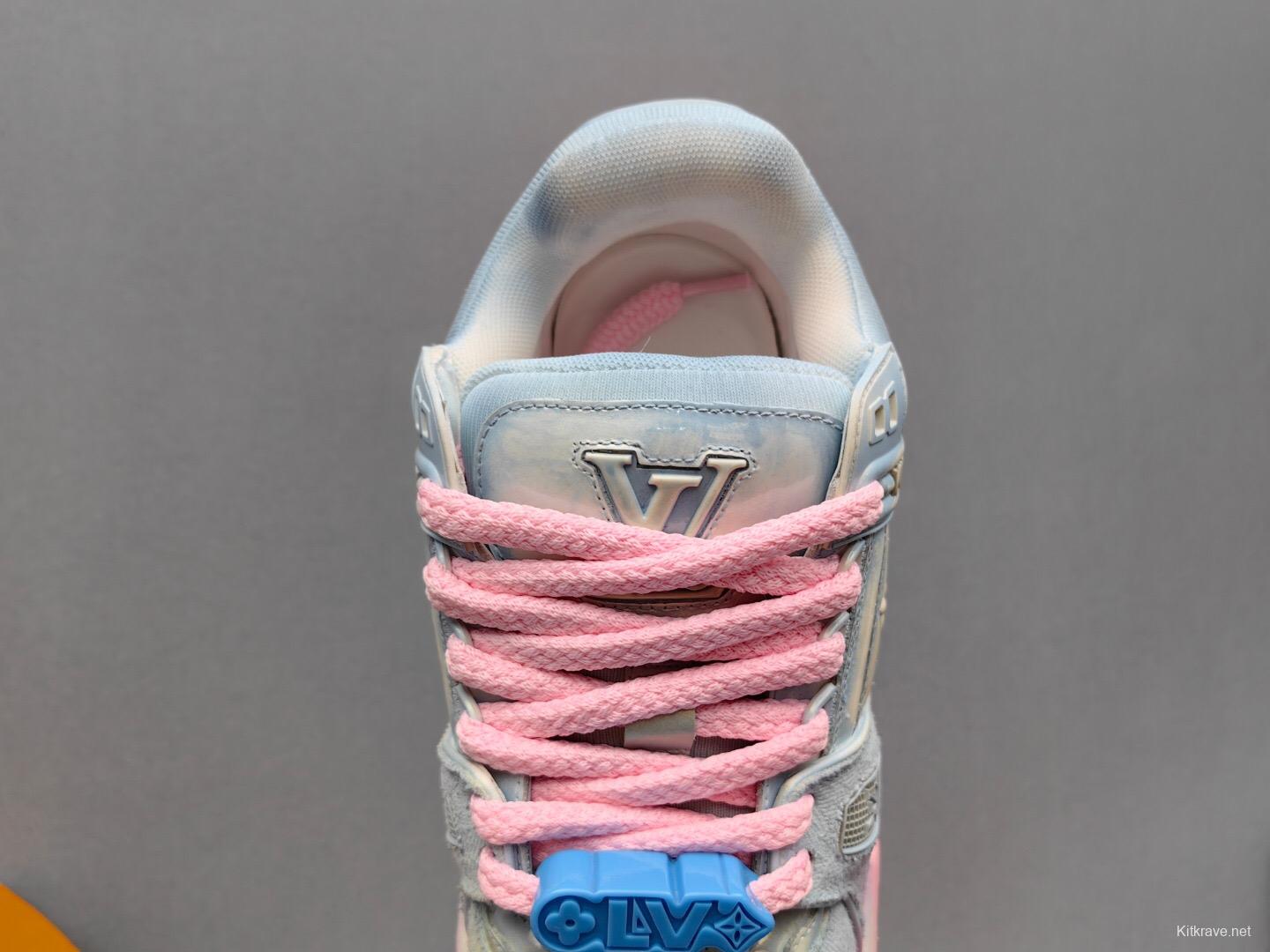 2025 Unisex Louis Vuitton Pink Grey Denim Sneakers KFY00510