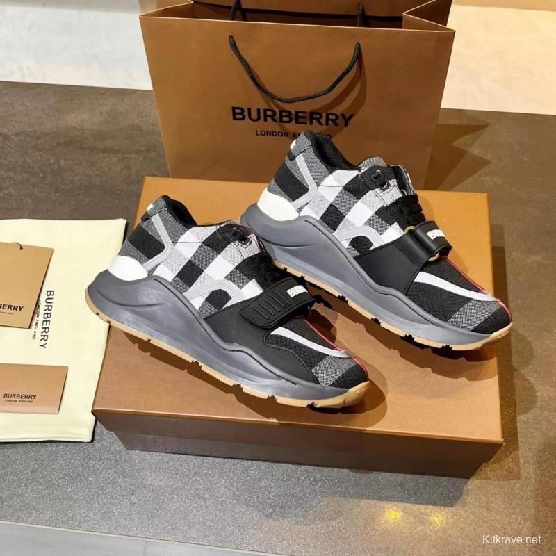 2025 Unisex Burberry Black White Suede Leather Mesh Sneakers Vintage Pattern MJ00360