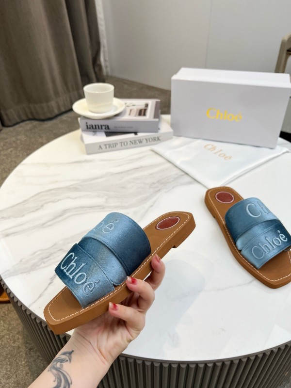 2025 Women Chloé Blue Denim Leather Slippers LY00200