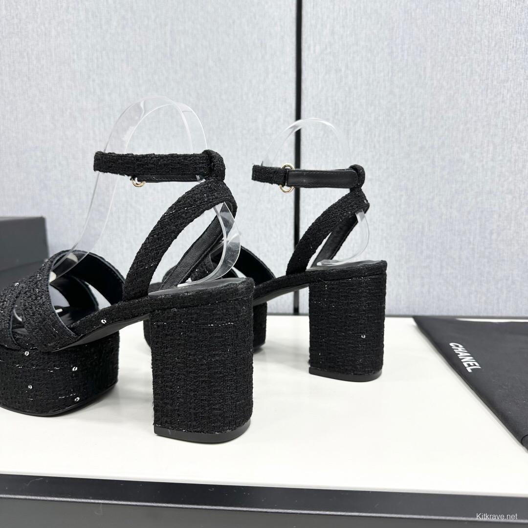 2025 Women Chanel Black Fabric Platform Sandals KFY00310