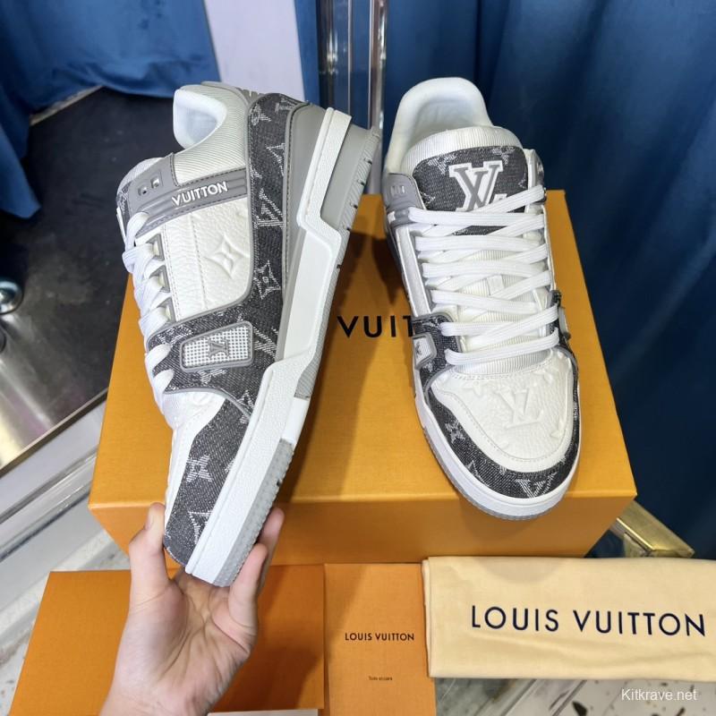 2025 Unisex Louis Vuitton Grey White Canvas Leather Sneakers