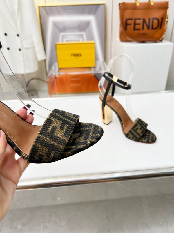 2025 Women Fendi Brown Black Leather Fabric High Heel Sandals