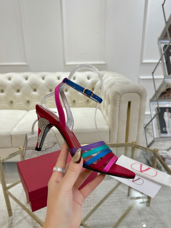 2025 Women Valentino Red Blue Green Pink Leather Suede High Heel Sandals LY00310