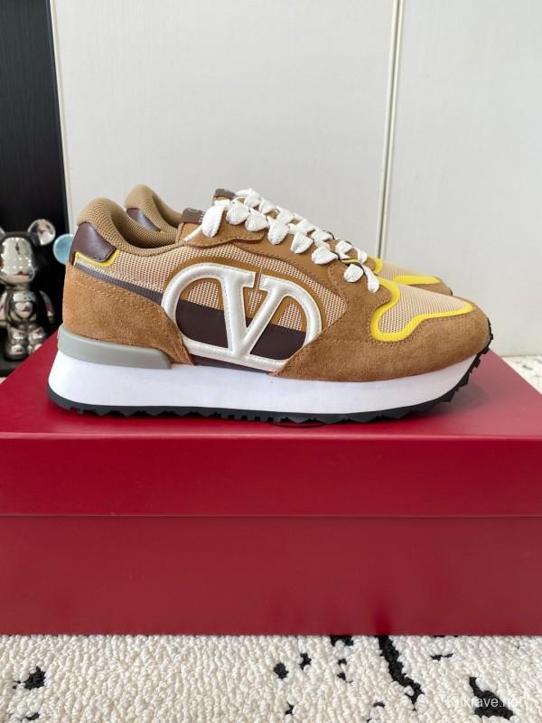2025 Unisex Valentino Beige Brown Yellow Suede Silk Cow Leather Sneakers LY00340