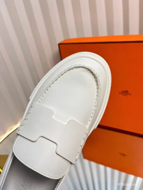 2025 Unisex Hermès White Leather Fabric Loafers LY00310(F)/LY00320(M)