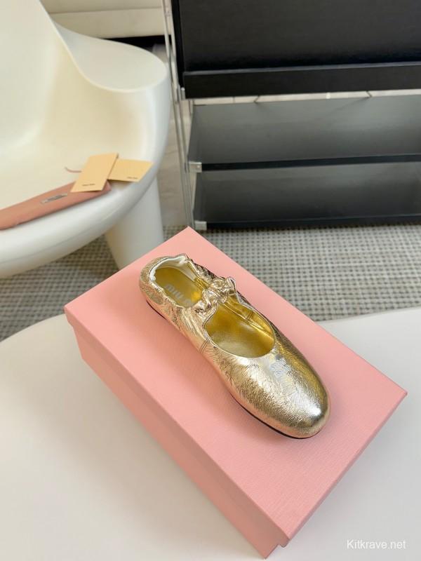 2025 Women Miu Miu Gold Leather Ballet Flats