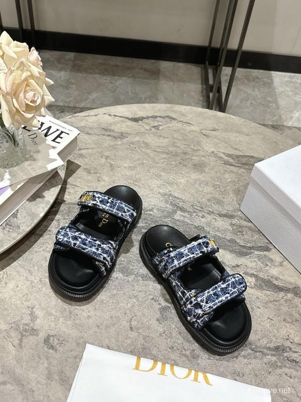 2025 Women Dior Black Blue Fabric Sandals KFY00300
