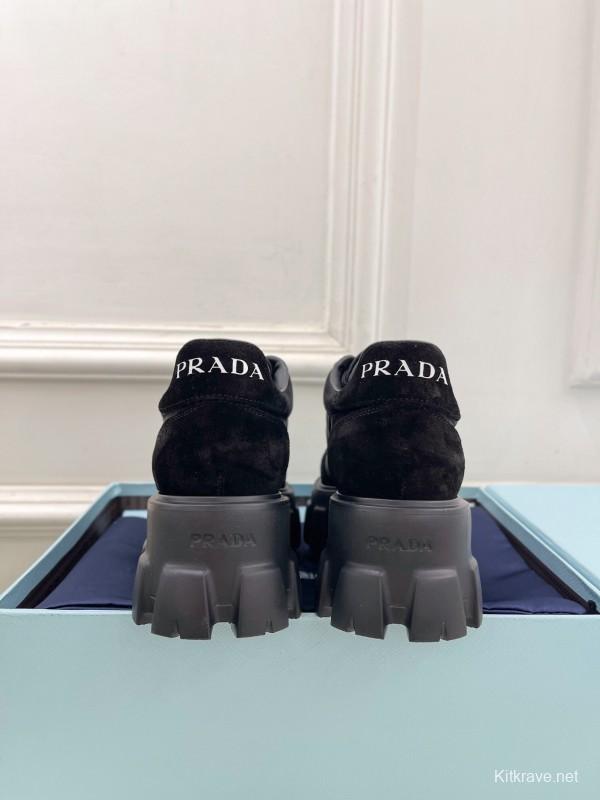 2025 Unisex Prada Black Suede Leather Sneakers KFY00310(F)/KFY00330(M)