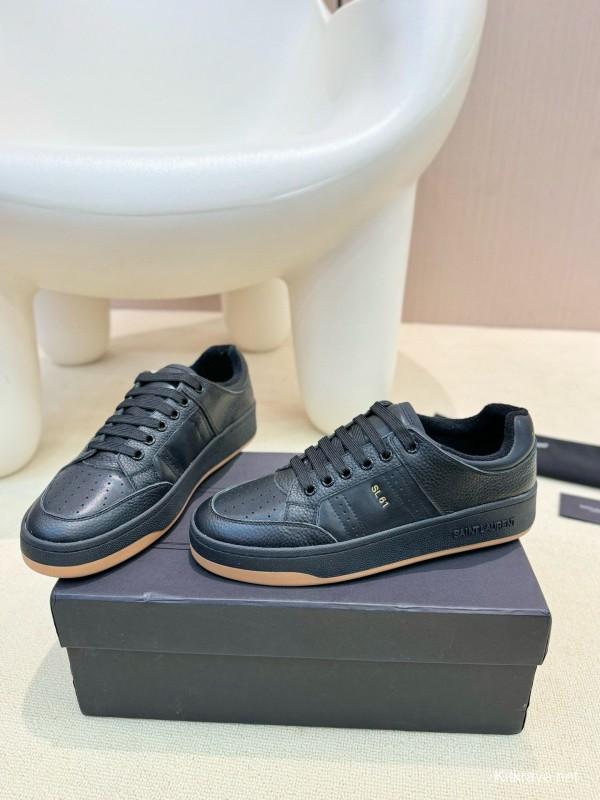 2024 Unisex Yves Saint Laurent Black Silk Grain Leather SL61 Casual Series Perforated MJ00350