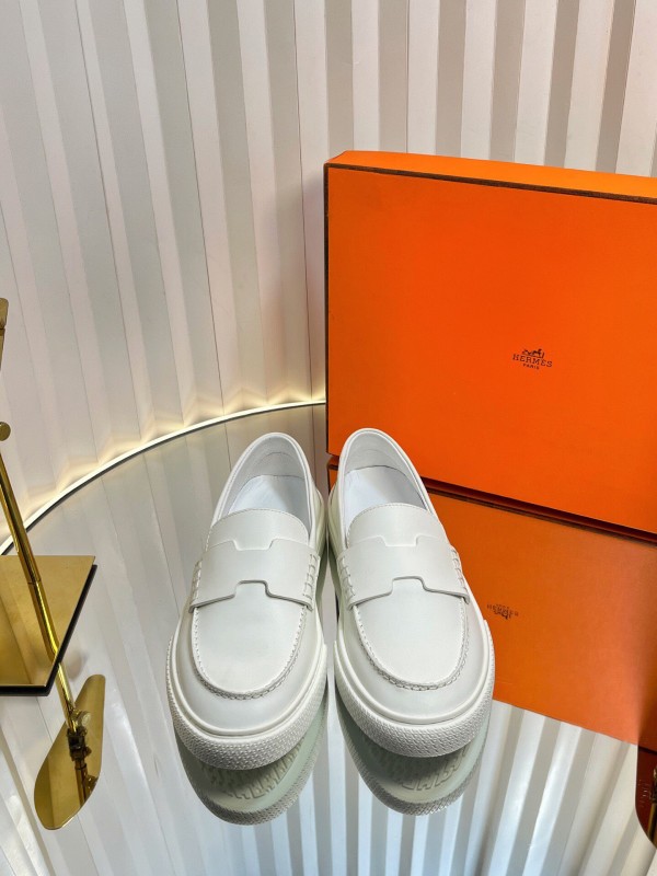 2025 Unisex Hermès White Leather Fabric Loafers LY00310(F)/LY00320(M)