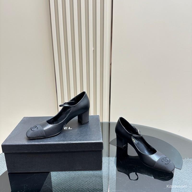 2025 Women Chanel Black Leather Mary Jane Shoes KFY00290