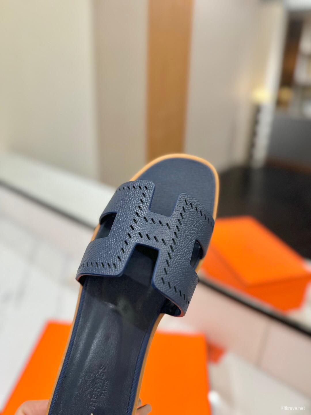 2025 Women Hermès Navy Leather Slippers