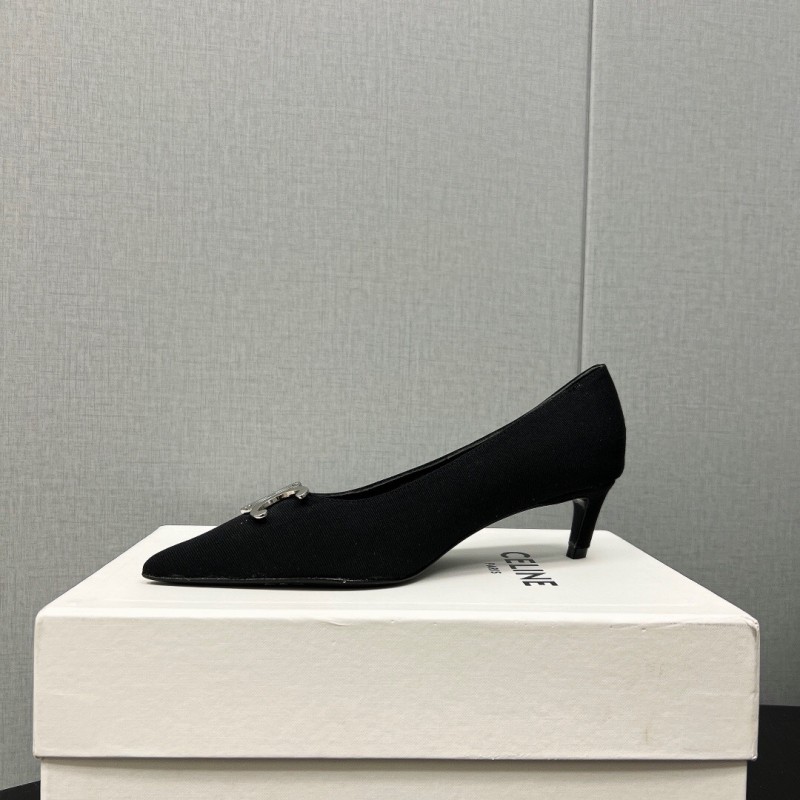 2025 Women Celine Black Fabric Pointed Toe Metal Buckle Pumps