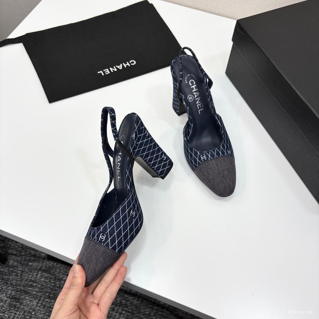 2025 Women Chanel Blue Denim Fabric Slingback Shoes