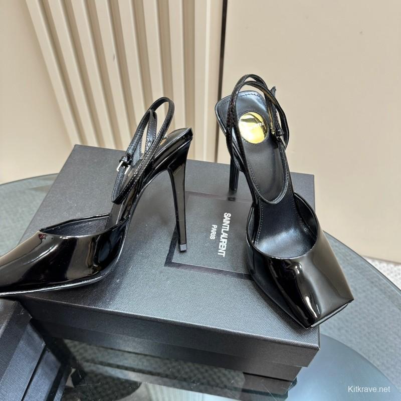 2025 Women Yves Saint Laurent Black Patent Leather High Heel Sandals