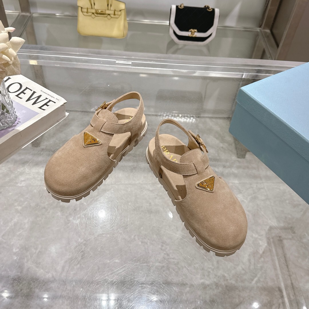 2025 Women Prada Beige Suede Slingback Flat LY00270