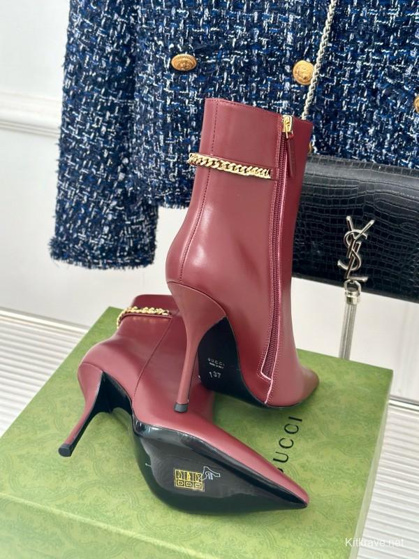 2024 Women Gucci burgundy leather ankle boots chain detail MJ00410
