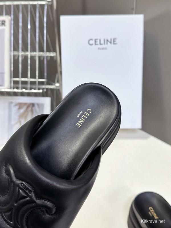 2025 Women Celine Black Leather Slippers