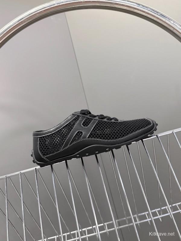 2025 Women Hermès Black Mesh Leather Trainers KFY00250