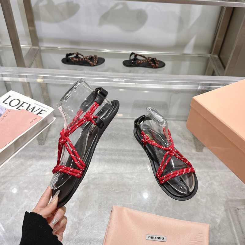 2025 Women Miu Miu Red Black Leather Rope Sandals KFY00200