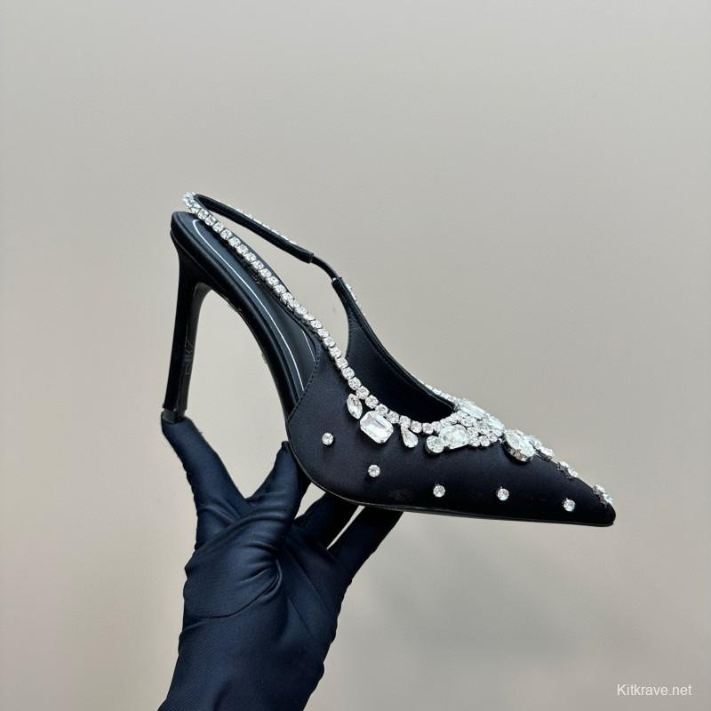 2025 Women Gucci Black Satin Slingback Heels Rhinestone MJ00340