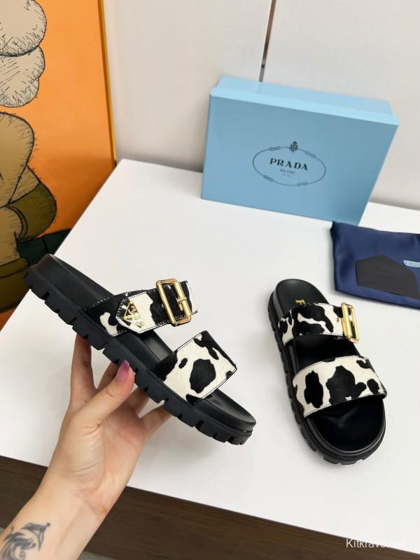 2025 Women Prada Black White Calf Hair Leather Sandals LY00260