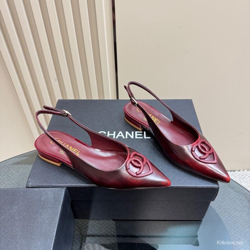 2025 Women Chanel Bordeaux Leather Slingback Sandals KFY00290