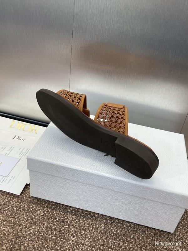 2025 Women Dior Brown Leather Slip-on Sandals