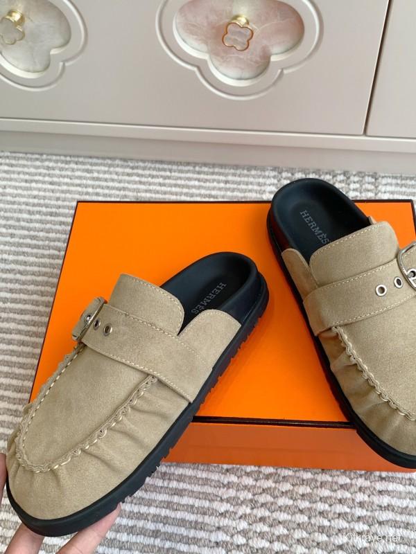 2025 Women Hermès Beige Suede Mule Loafers KFY00290