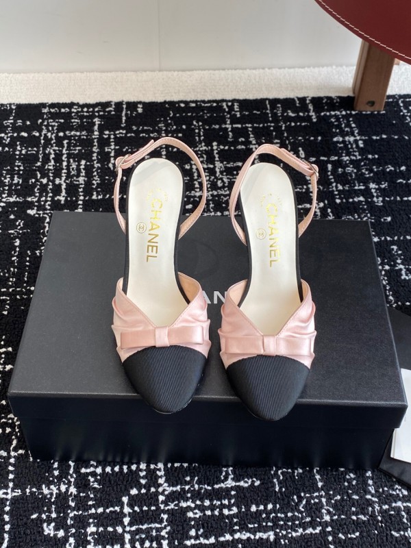 2025 Women Chanel Pink Black Satin Leather Slingback Heels KFY00289