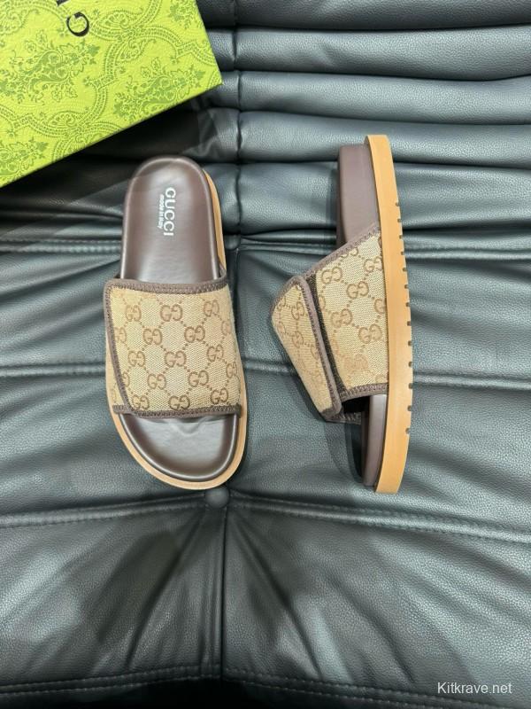 2024 Slippers Gucci Brown Canvas Leather Slippers MJ00200