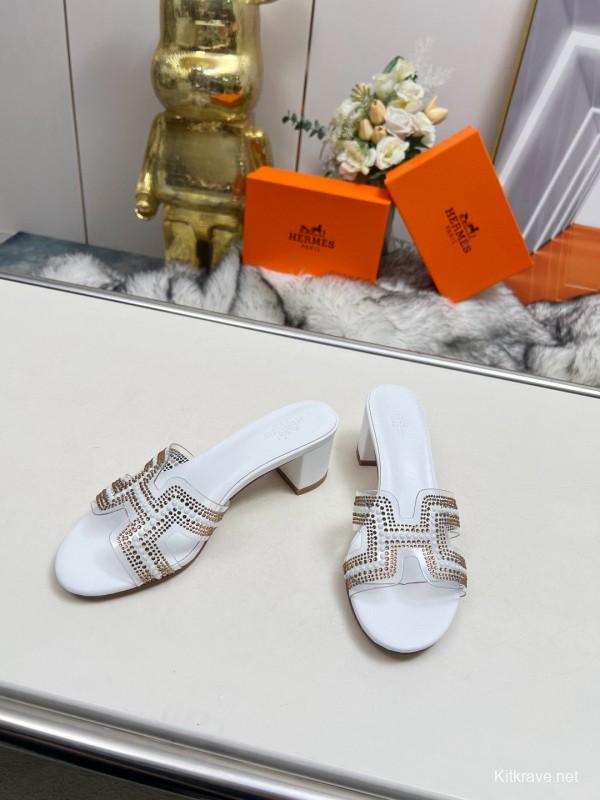 2025 Herme* White Leather Slippers Classic H Pattern MJ00180/215