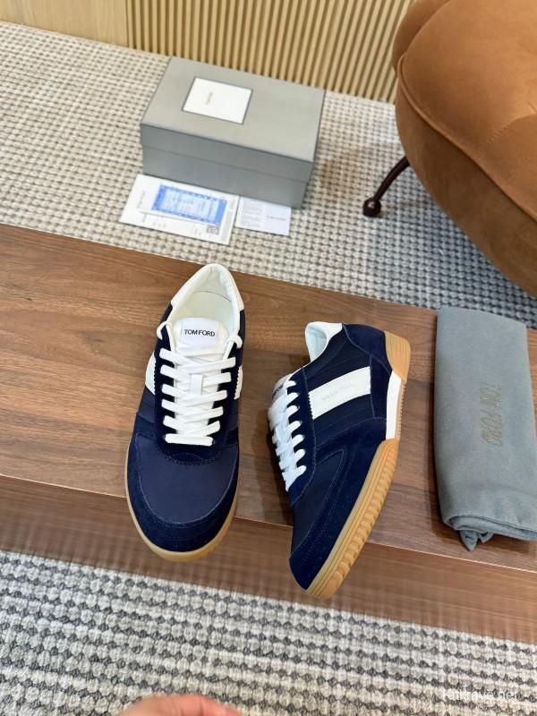 2025 Men TOM FORD Navy White Suede Leather Sneakers LY00360