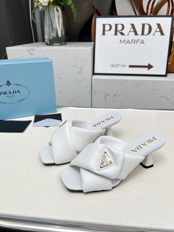 2025 Women Prada White Calf Leather Heeled Slide LY00270