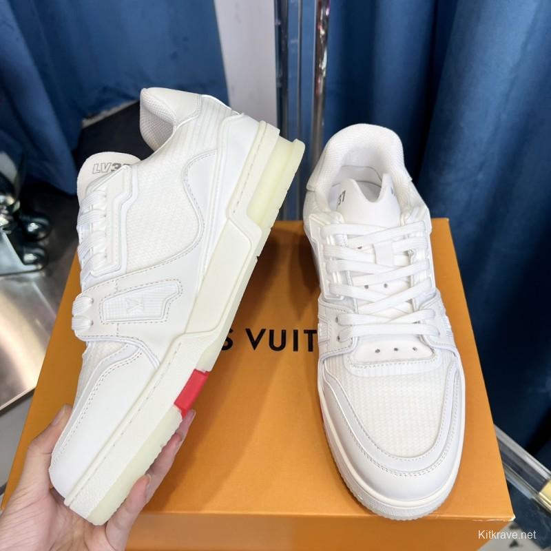 2025 Unisex Louis Vuitton White Calf Leather Mesh Trainer TPU Plimsolls Goodyear Welt