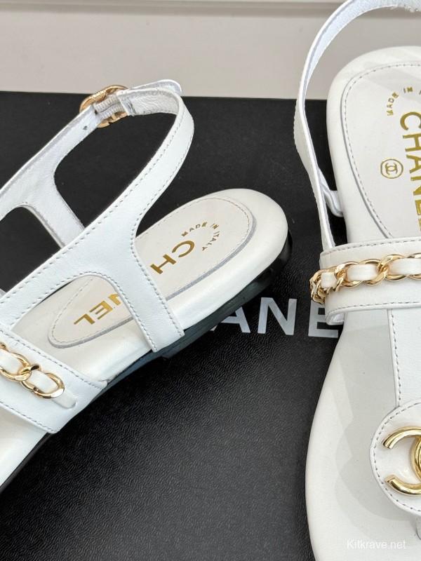 2025 Slippers Chanel White Leather Chain Strap CC Logo