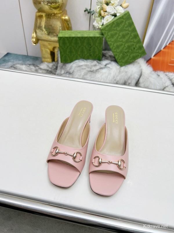 2025 Women Gucci Pink Leather Block Heel Mules MJ00180