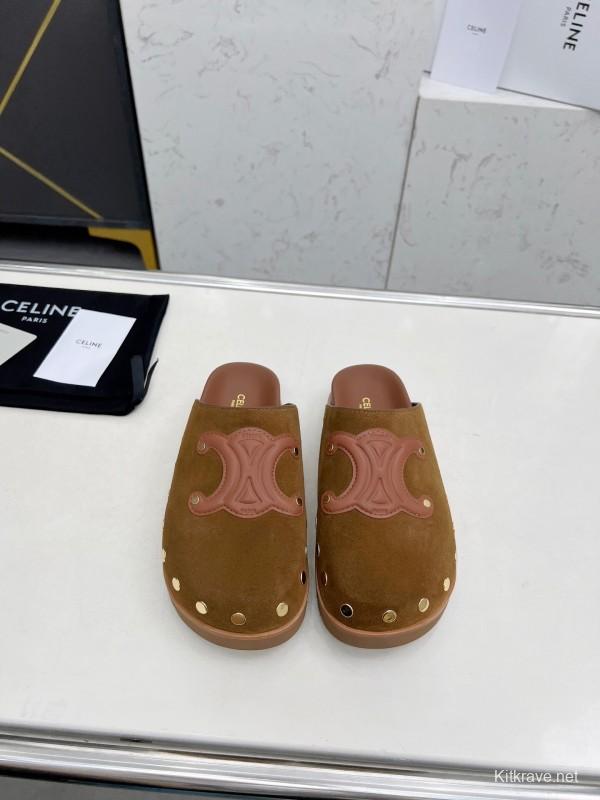 2025 Slippers Celine Brown Pink Suede Leather Studded LY00240